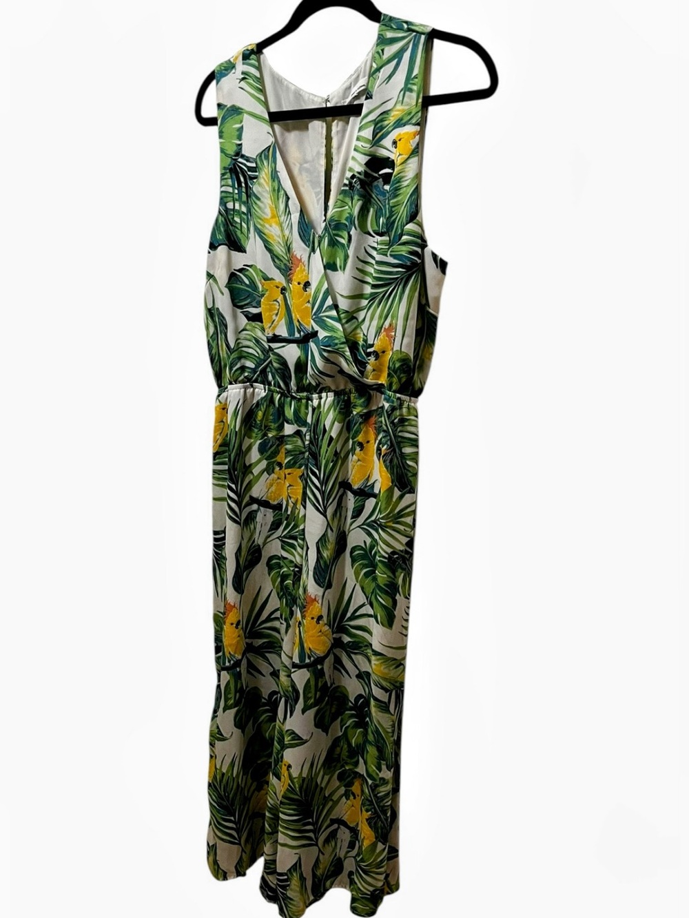June & Hudson wide leg sleeveless white green yellow tropical bird jumpsuit xl